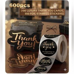 600 PC Thank You Cards and Stickers Set - Black and Gold